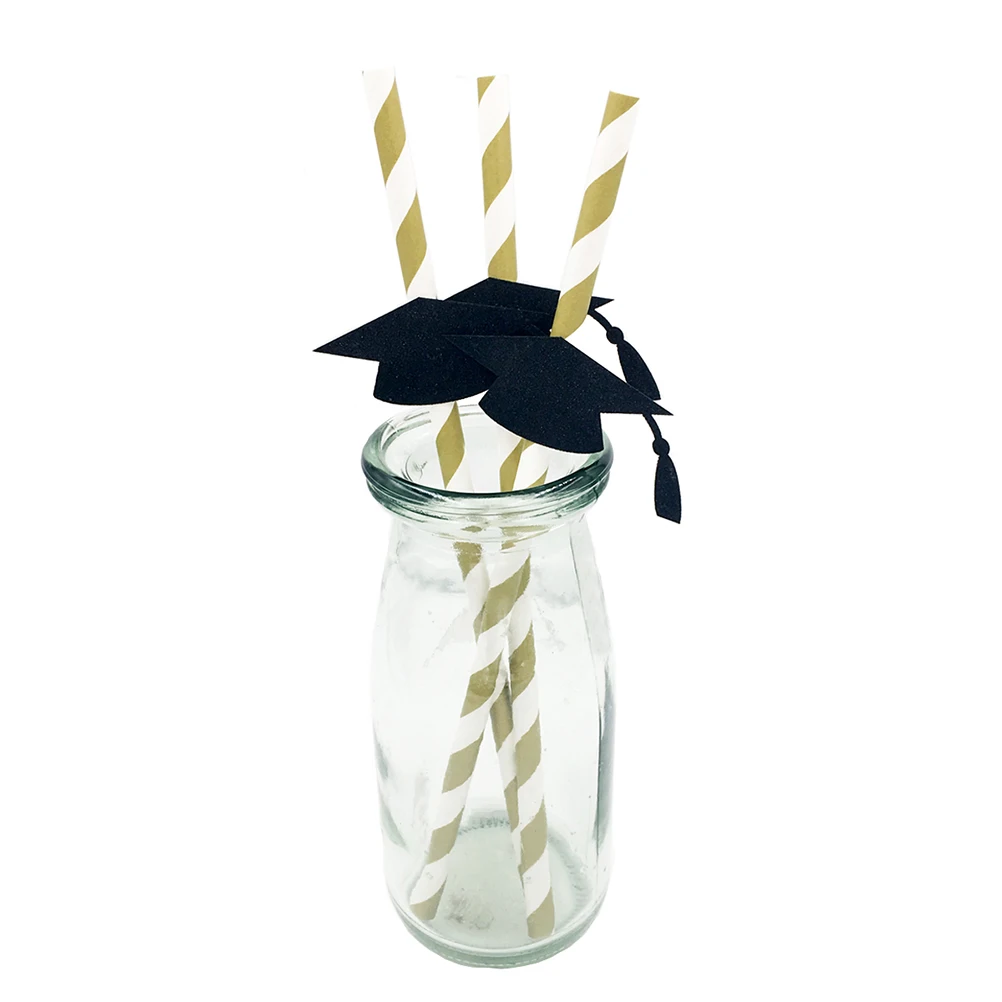 

16 Pcs Decoration Doctor's Hat Paper Straw Grad Party Decorations Cake Graduation Drinking Straws Season Black Cap Man