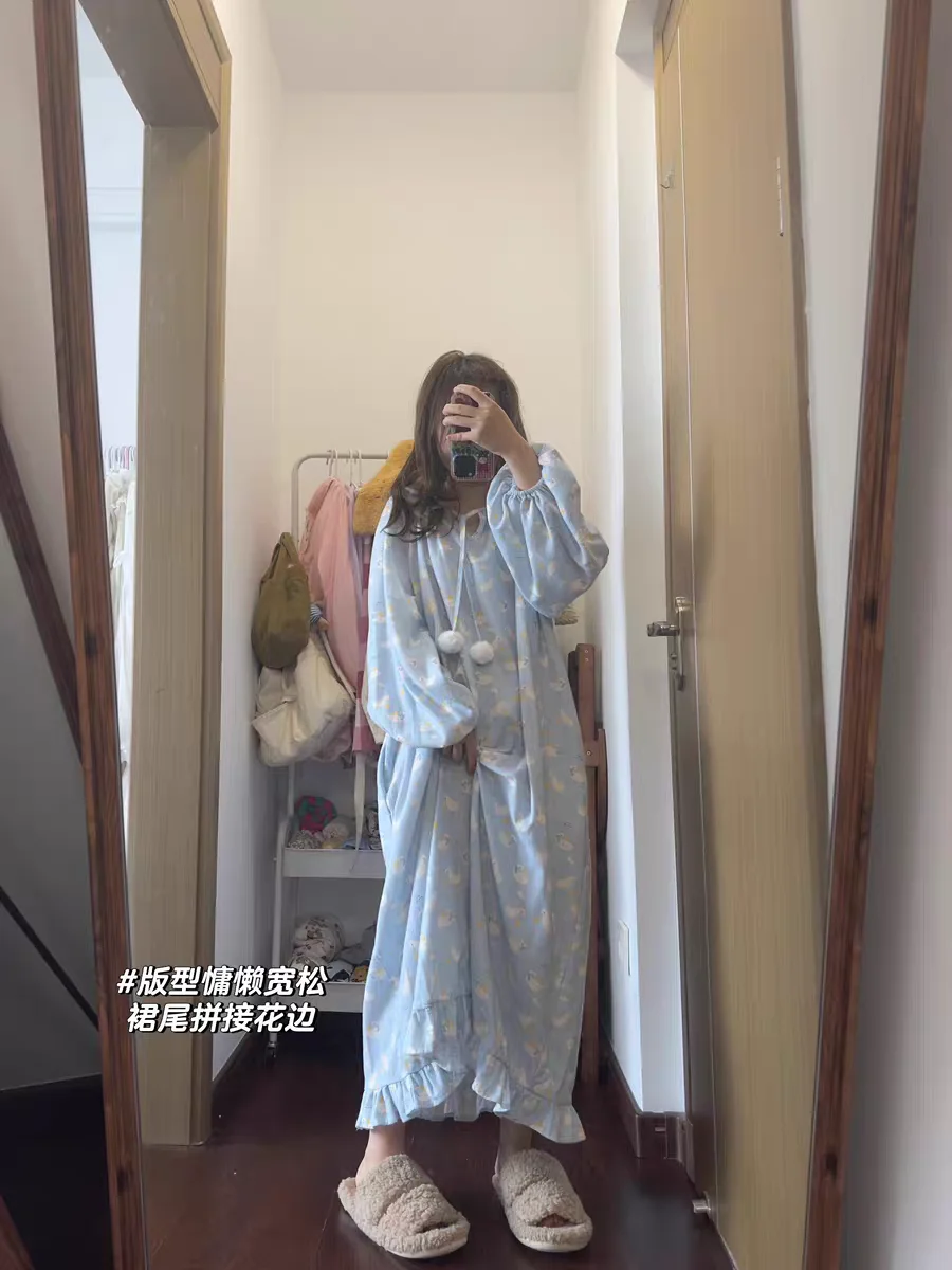 Baju Tidur Wanita Lengan Panjang Wanita Leher Bulat 2XL Set Piyama Ukuran Plus Setelan Pakaian Rumah Manis Motif Kartun Musim Semi Wanita