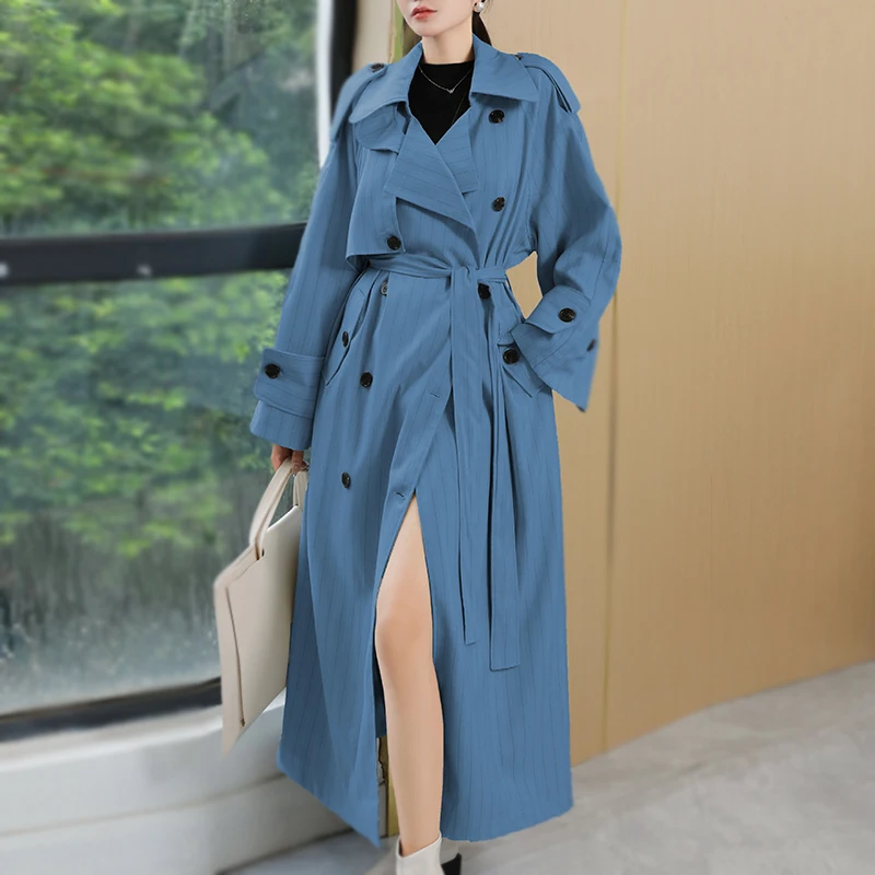 

SuperAen Turn-down Collar Double-breasted Trench Coat for Women Loose Long Lace-up Waist Autumn New Coats