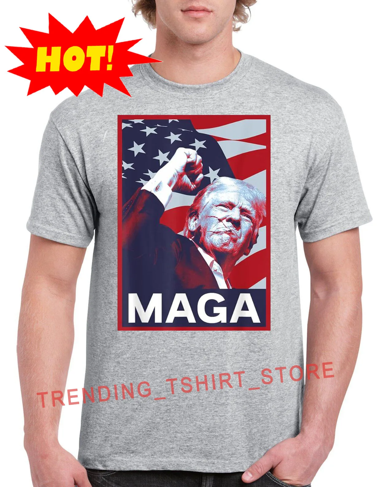 Trump 2024 Fight Fist Pump USA Flag Patriotic Poster MAGA T-Shirt