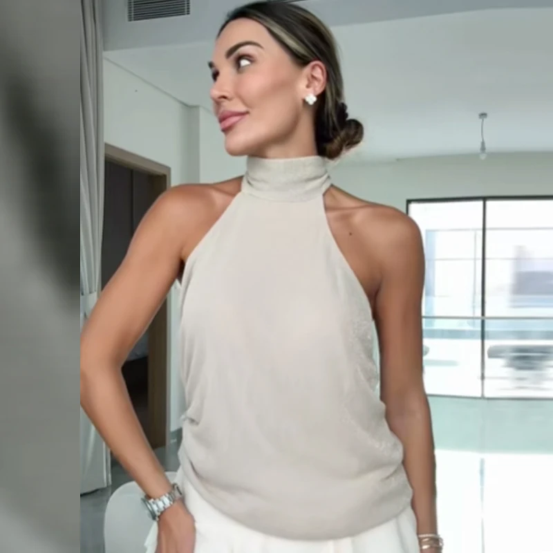 HXAO クロップド ホルターネック トップス レディース 秋 2025 セクシー タンク＆キャミソール レースアップ ノースリーブ バックレス メタリック糸 タンクトップ リゾート ベスト