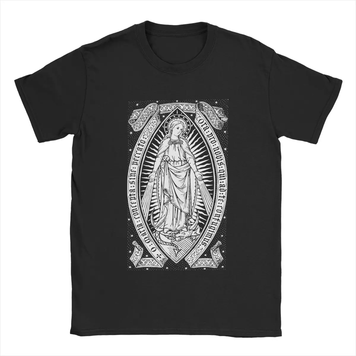 Men\'s Vintage Virgin Mary Engraving T Shirts Guadalupe Catholic Pure Cotton Clothing Funny Short Sleeve Crew Neck Tees T-Shirt