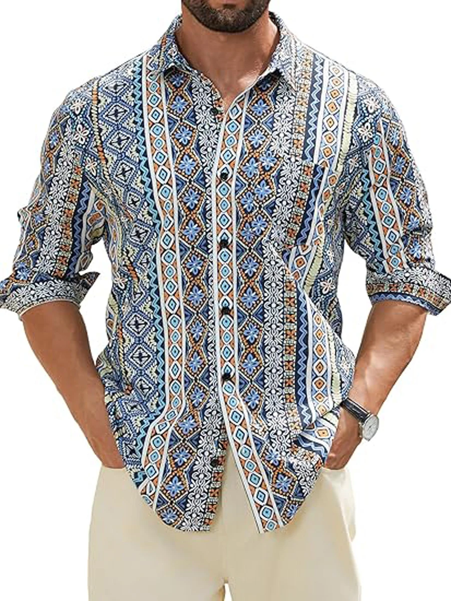 Camisa sencilla de negocios a rayas de Color claro con estampado 3D para hombre, Top informal de calle para fiesta, Top hawaiano de manga larga con botones de solapa transpirable