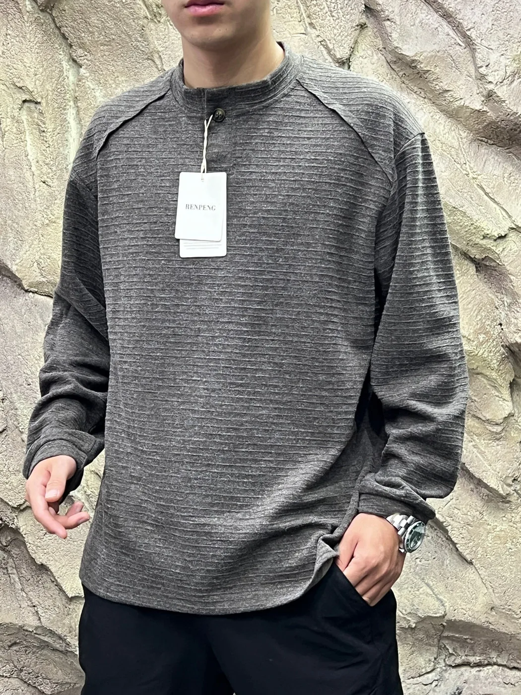Italian Vintage Texture Men's Long Sleeve Base Shirt Henry Collar Outdoor Casual Wear Polyester Blend Comfortable Breathable