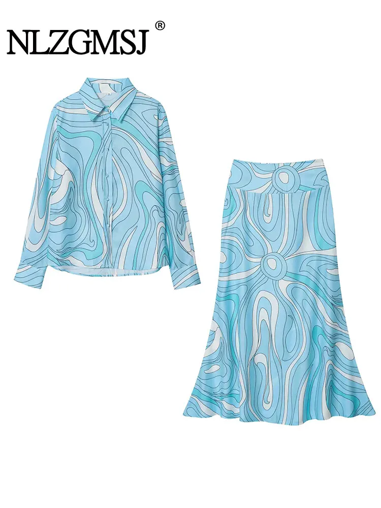 

NLZGMSJ Vintage Casual Printing Women Suit Long Sleeve Turn-down Collar Blouse Zipper Long Skirt Fashion 2-piece Sets