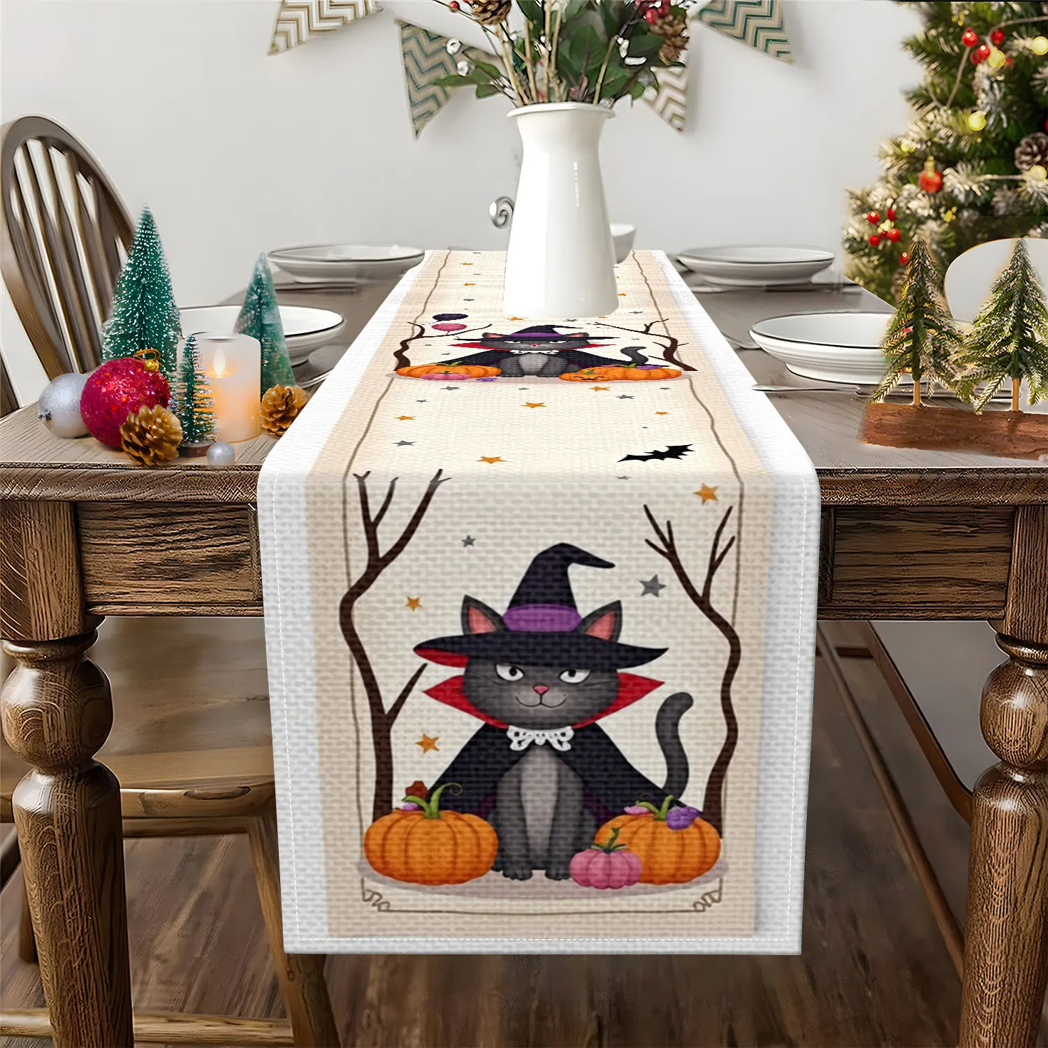 1 Halloween-Themed Table Runner with Patterns of Witch Hats, Black Cats, Pumpkins, Bats, Etc., Suitable for Halloween Parties, Holiday Home Decorations, Etc