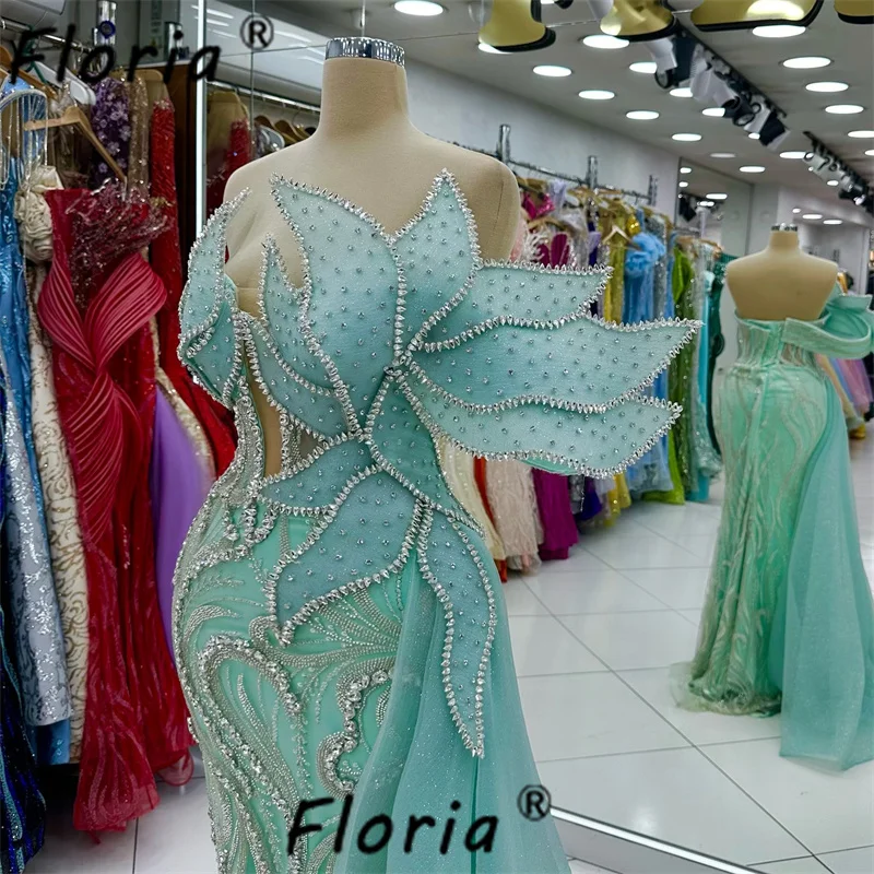 Mint Green Arabic Woman Evening Dress with Side Tail Silver Crystal 3D Leave Appliques Prom vestidos de fiestas elegantes mujer