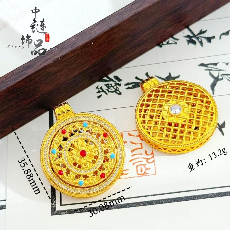 9999 gold enamel diamond-set rotating eight-symbol compass pendant, Vajra eight-symbol compass pendant