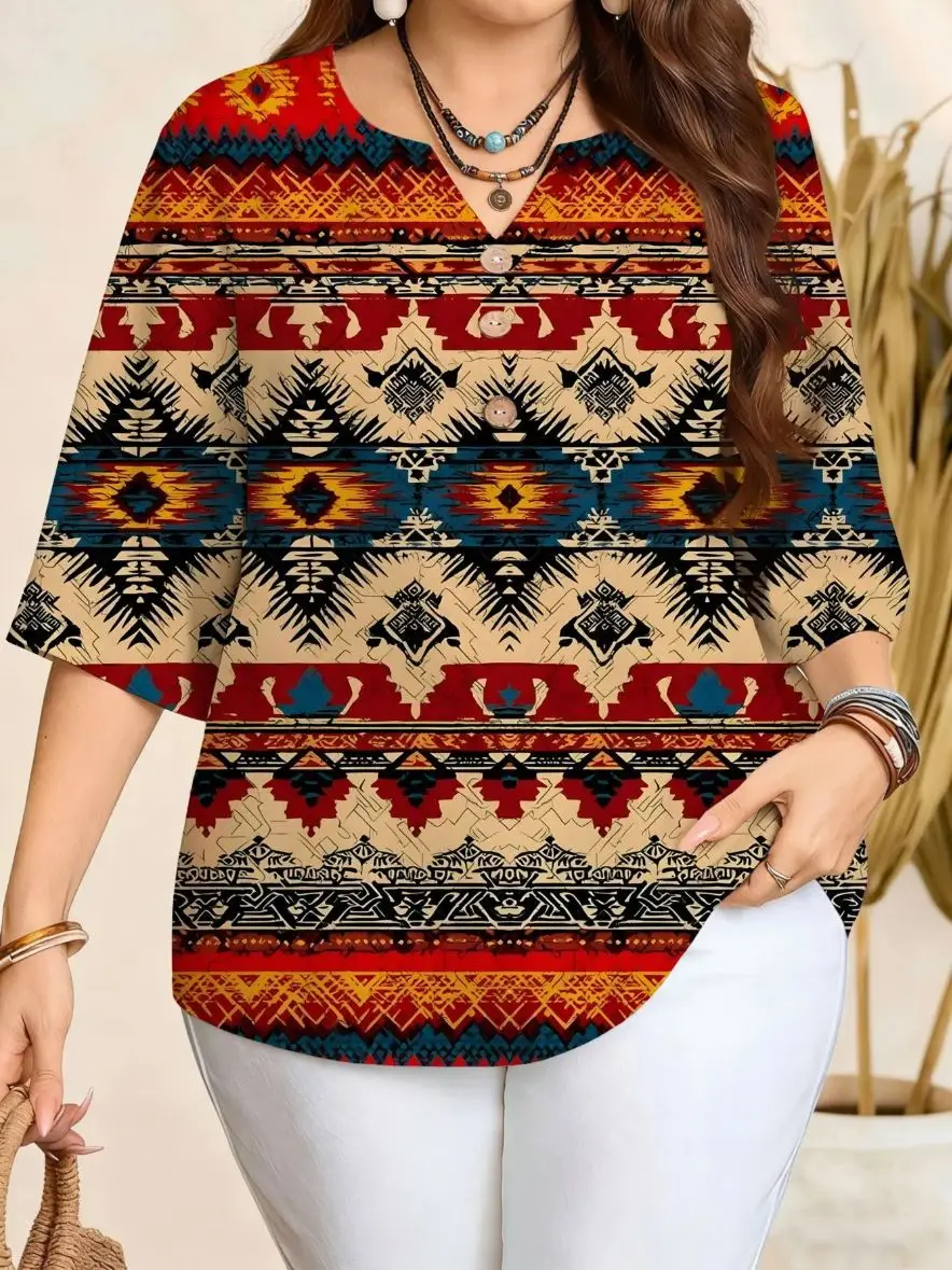 Women 3/4 Sleeve V‑Neck Blouse Button Ethnic Geometric Feather Stripe Anchor Border Print Casual Ladies Tops
