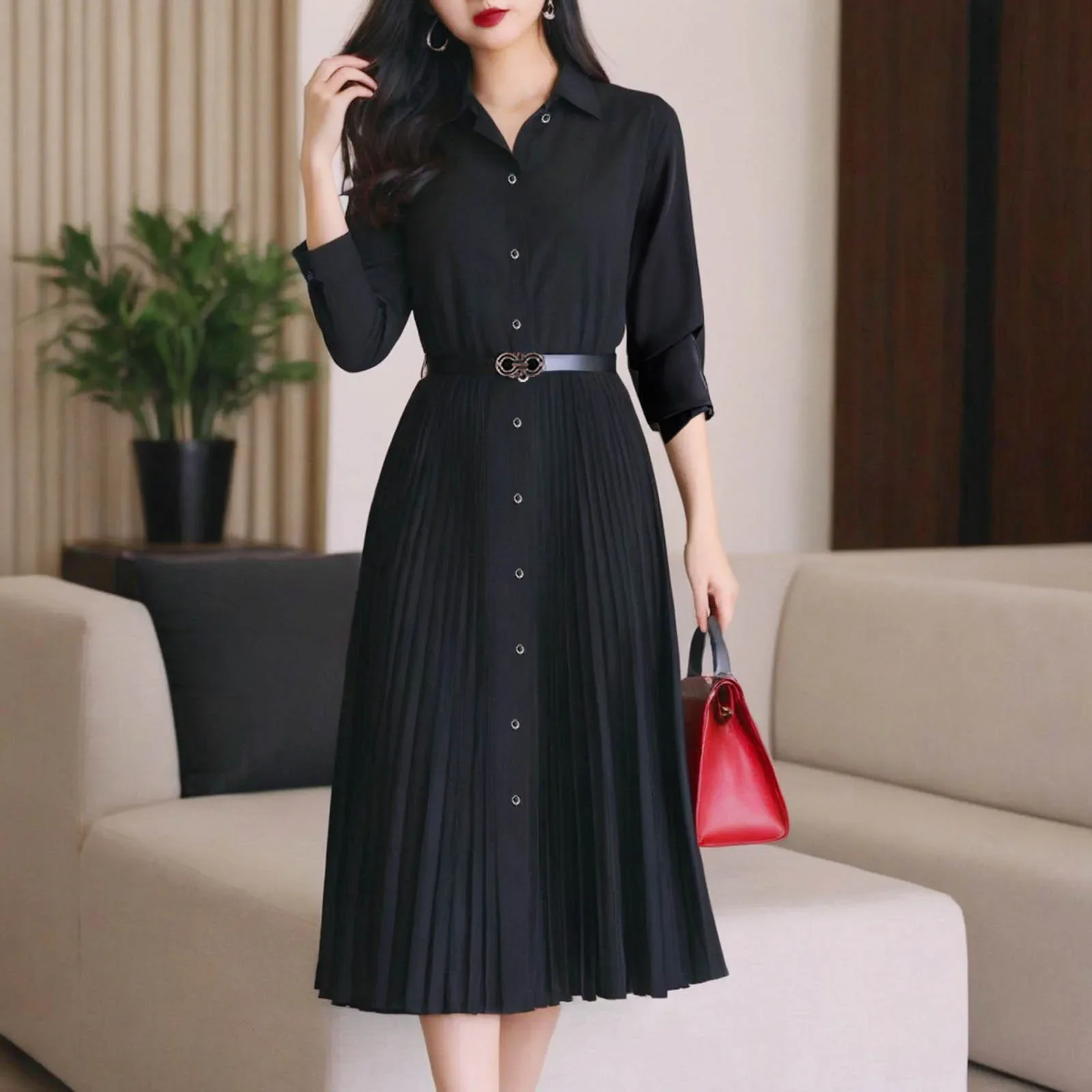 

Весенне-осеннее элегантное модное плиссированное длинное платье с лацканами, офисное женское платье с поясом, темпераментное платье, женское вечернее платье