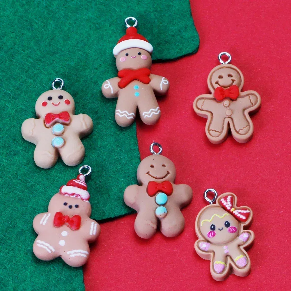 10pcs Christmas Gingerbread Man Biscuits Charms Resin Cookie Xmas Food Pendant for Earrings Bracelet Diy Jewelry Making Supplies