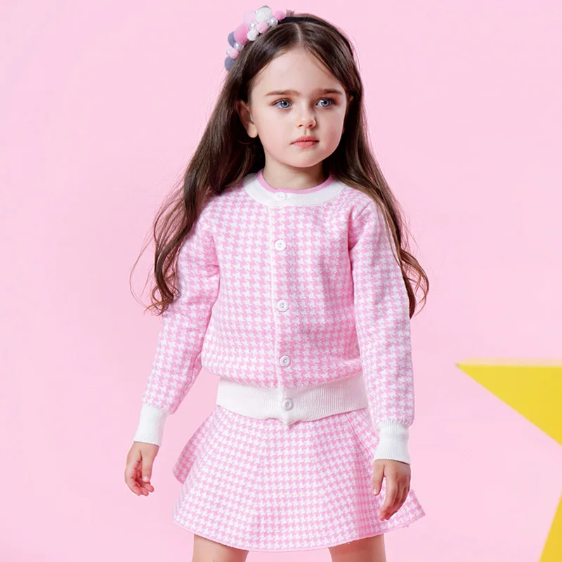 Bear Leader Girls Sets 2023 New Spring Pink Houndstooth Knitted Suits Long Sleeve Plaid Sweater+Skit 2Pcs Kids Suits For 3-7Y