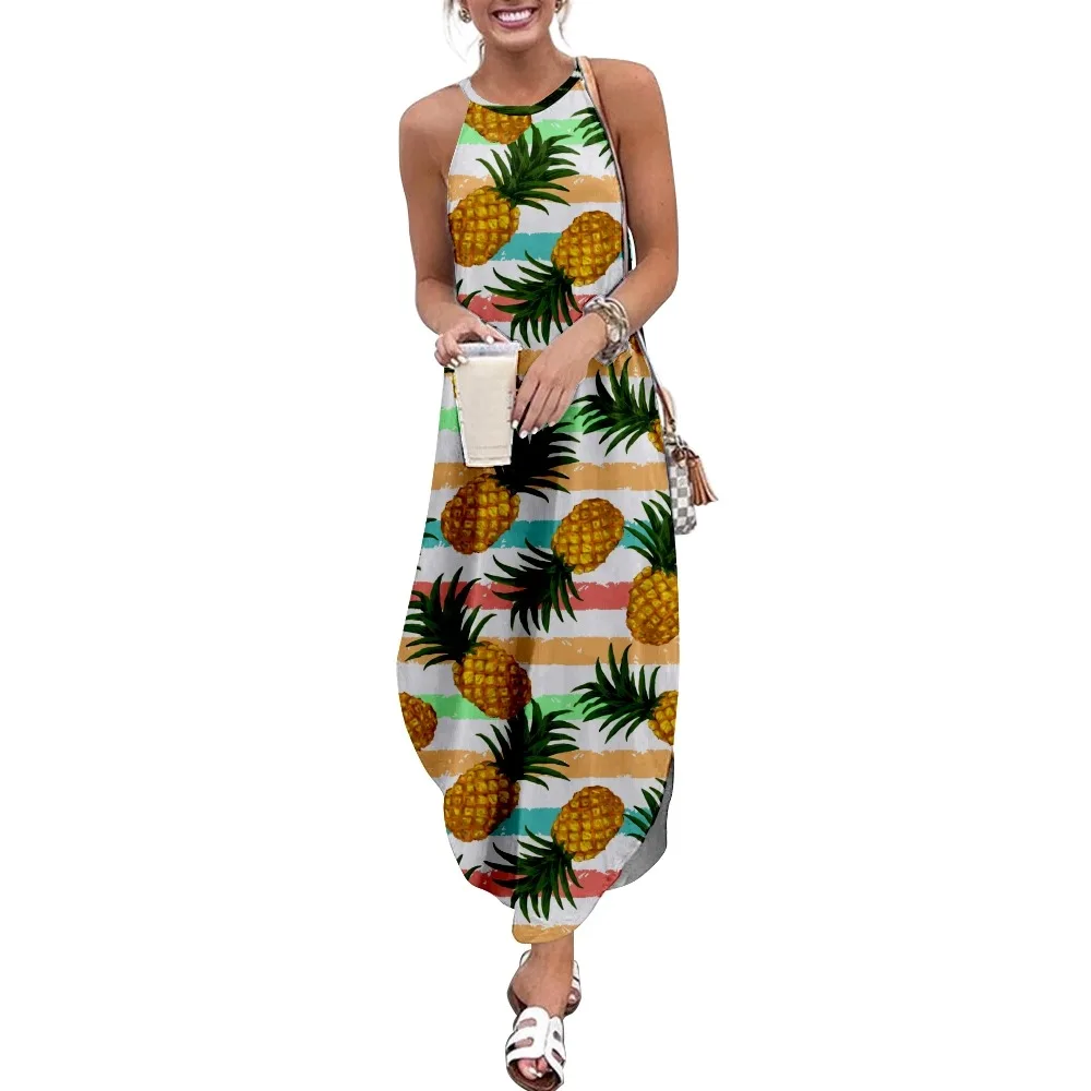 

Tropical Fruit Print Patchwork Print Women Casual Short Sleeve Camisole Dress Loose Long Double Pocket Beach Resort Woman Dress-