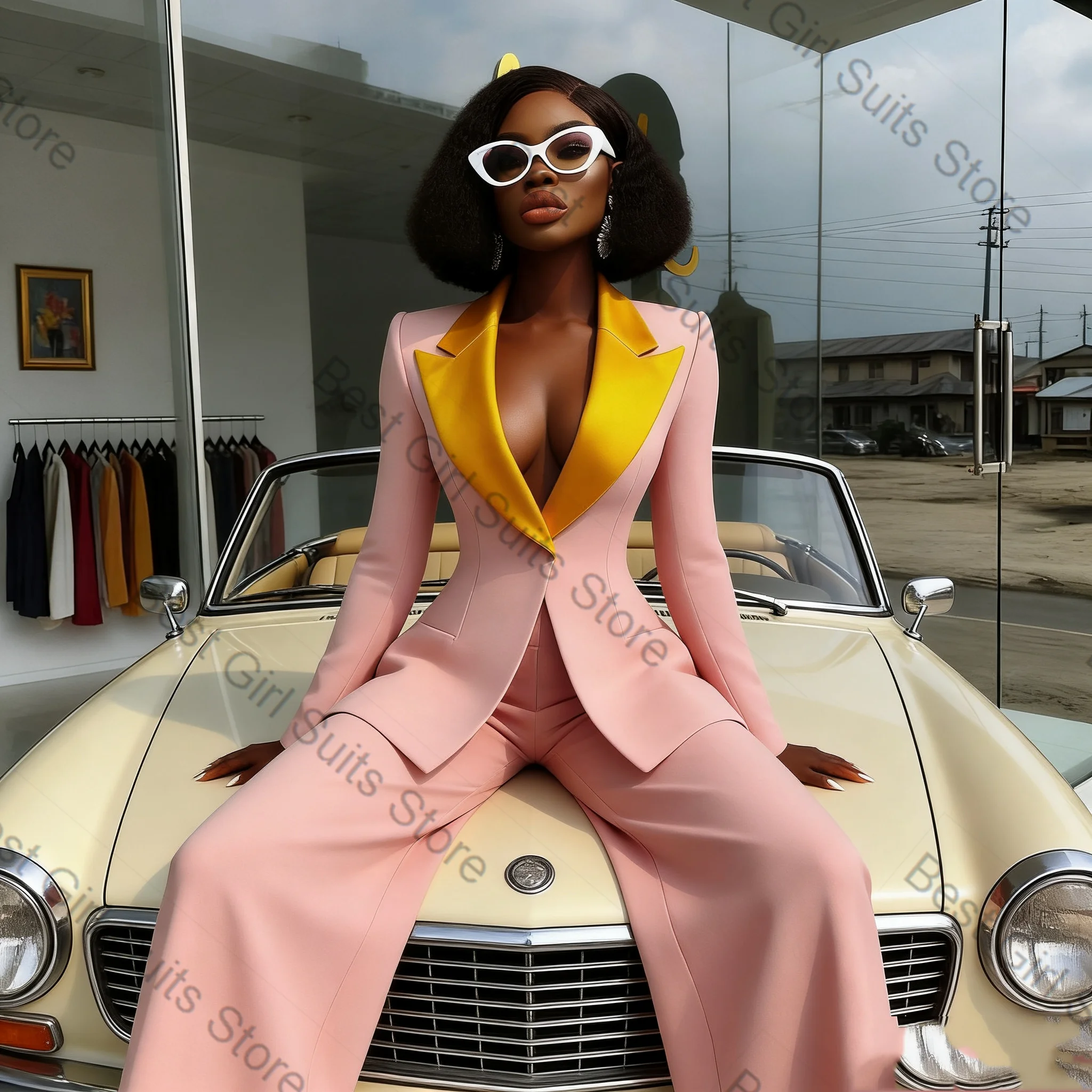 

Yellow Pink Women Suit Set 2 Piece Blazer+Pants Cotton Spring Formal Office Lady Jacket Customized Wedding Coat