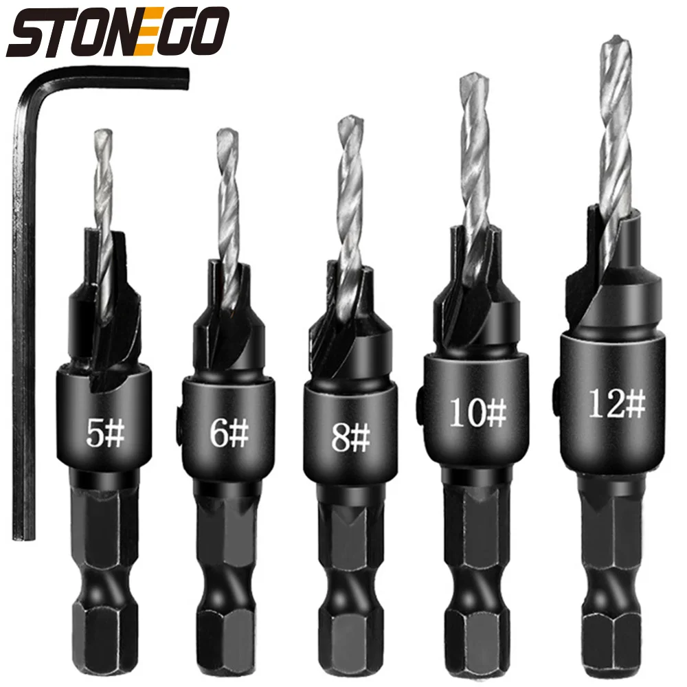 

STONEGO Adjustable Countersink Drill Bit Set - 5Pcs Kit for Woodworking, Chamfered Drilling Tool with Pilot Counter Sink Holes