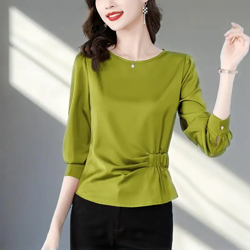 

Women Silk Blouse High Quality O-Neck Slim Waist-Folds Shirts Office Lady Simplicity Tops Female Daily Casual Clothing