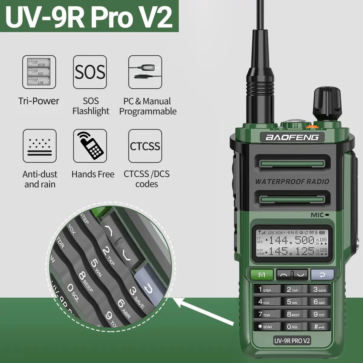 Baofeng UV 9R Pro V2 IP68 Waterproof Walkie Talkie Tri-Power Type-C Charger Dual Band Ham CB Radio Two Way Radio of UV 9R Plus