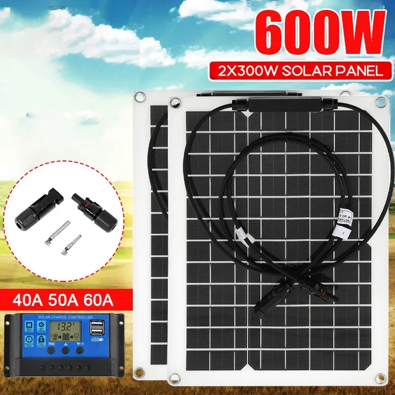 600W 300W Solar Panel 18V Sun Power Solar Cells Bank with Cover Connector Controller IP65 for Phone Car RV Boat Charger
