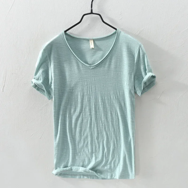 Summer New 100% Cotton T-shirt Men V-neck Solid Color Casual T Shirt Basic Tees Plus Size Short Sleeve Tops Y2449