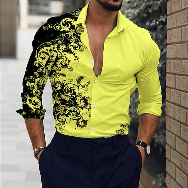 15 color new men\'s shirt lapel long -sleeved casual shirt 3D printing high -definition pattern comfortable fabric oversized size