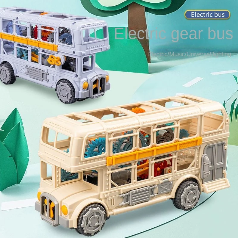 Electronic Gear Bus Car Transparent Double Layer Retro Bus Model Car with Music Led Light Early Education Vehicle Toy for Kids