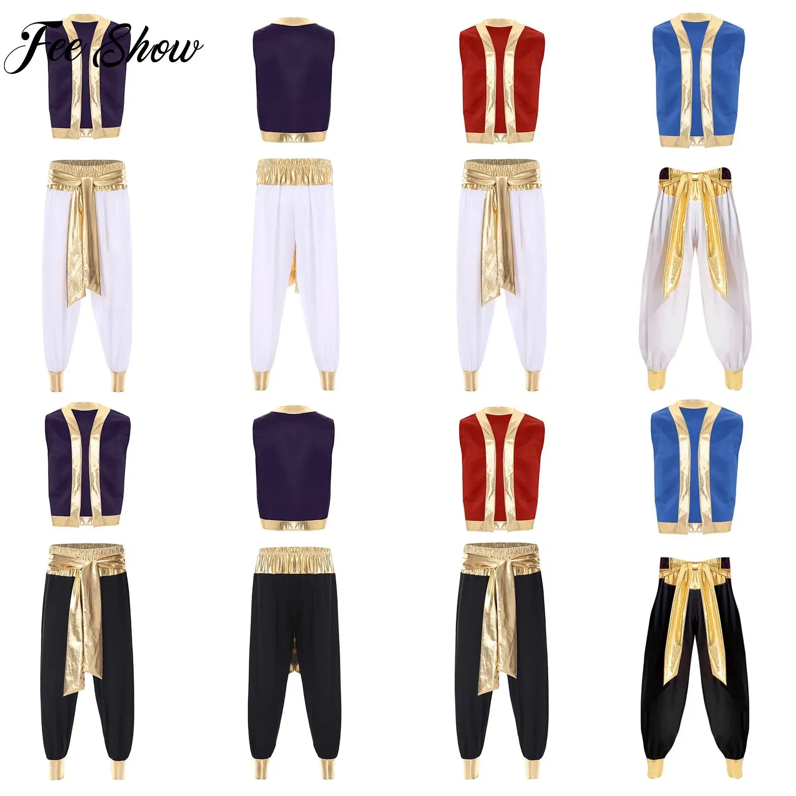 

Adult Mens Cosplay Arabian Prince Costume Metallic Shiny Trim Open Front Vest with Long Pants Halloween Nightclub Dress-up Party