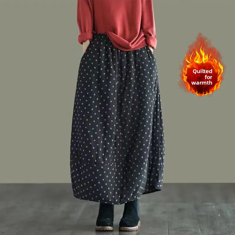 Retro algodão linho bolinhas f saia plus size calor feminino faion versátil emagrecimento meados de comprimento confortável saia de algodão