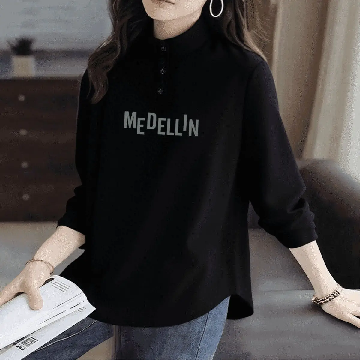 Women's Loose Fit Long Sleeve Thermal T-Shirt Fleece Lined Half High Collar Base Shirt Korean Style Warm Inner Wear Top