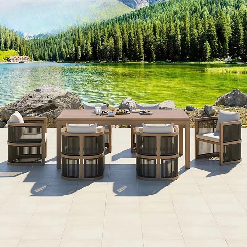 Outdoor Teak Dining Table and Rope Woven Armchair 7 Piece Patio Garden Dining Table Set