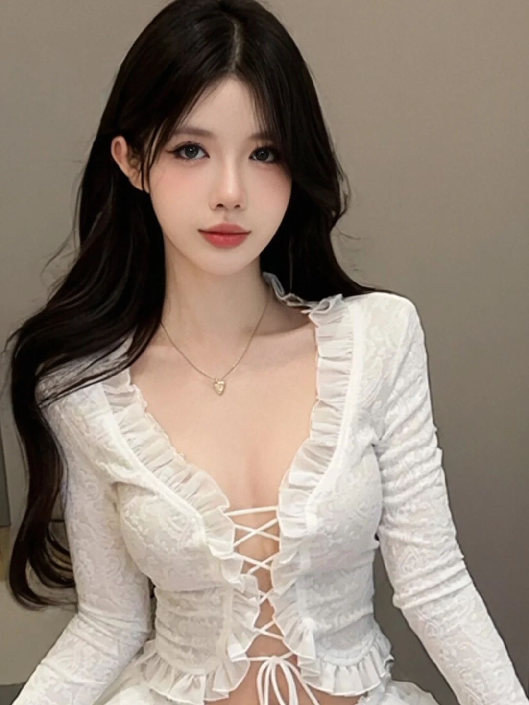 

Korean Style Sweet Spicy Girl Pure Desire Knot Hollow Low Chest Wood Ear Short Open Cardigan Top Lace Trim Knitted Winter Fas...