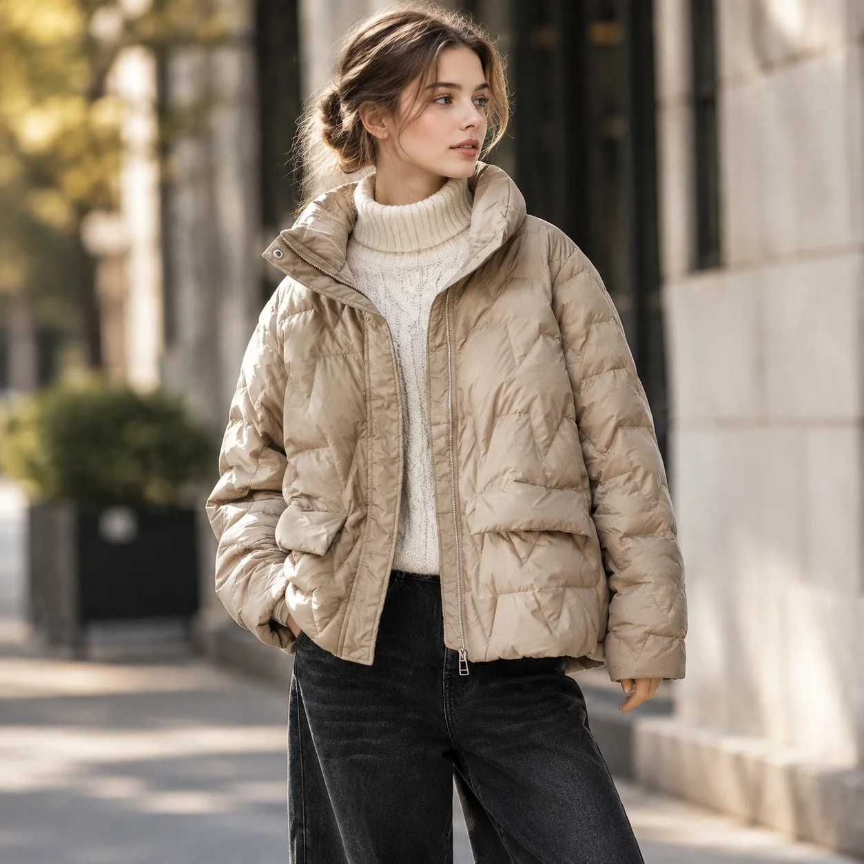 Loose Fit Coat Stand Collar Cropped Casual with Zipper Front Medium Thickness Long Sleeves Women Commuter Style Puffer Jacket