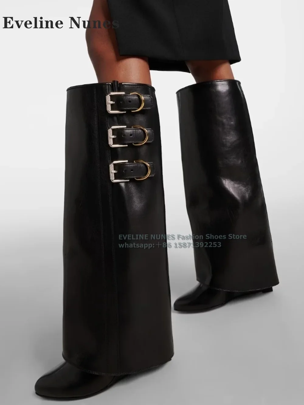 

Metal Buckle Fold Down Knee-High Boots Pointed Toe Wedges Plus Size Elegant Black Women Sleeve Boots 2024 Autumn Winter Shoes