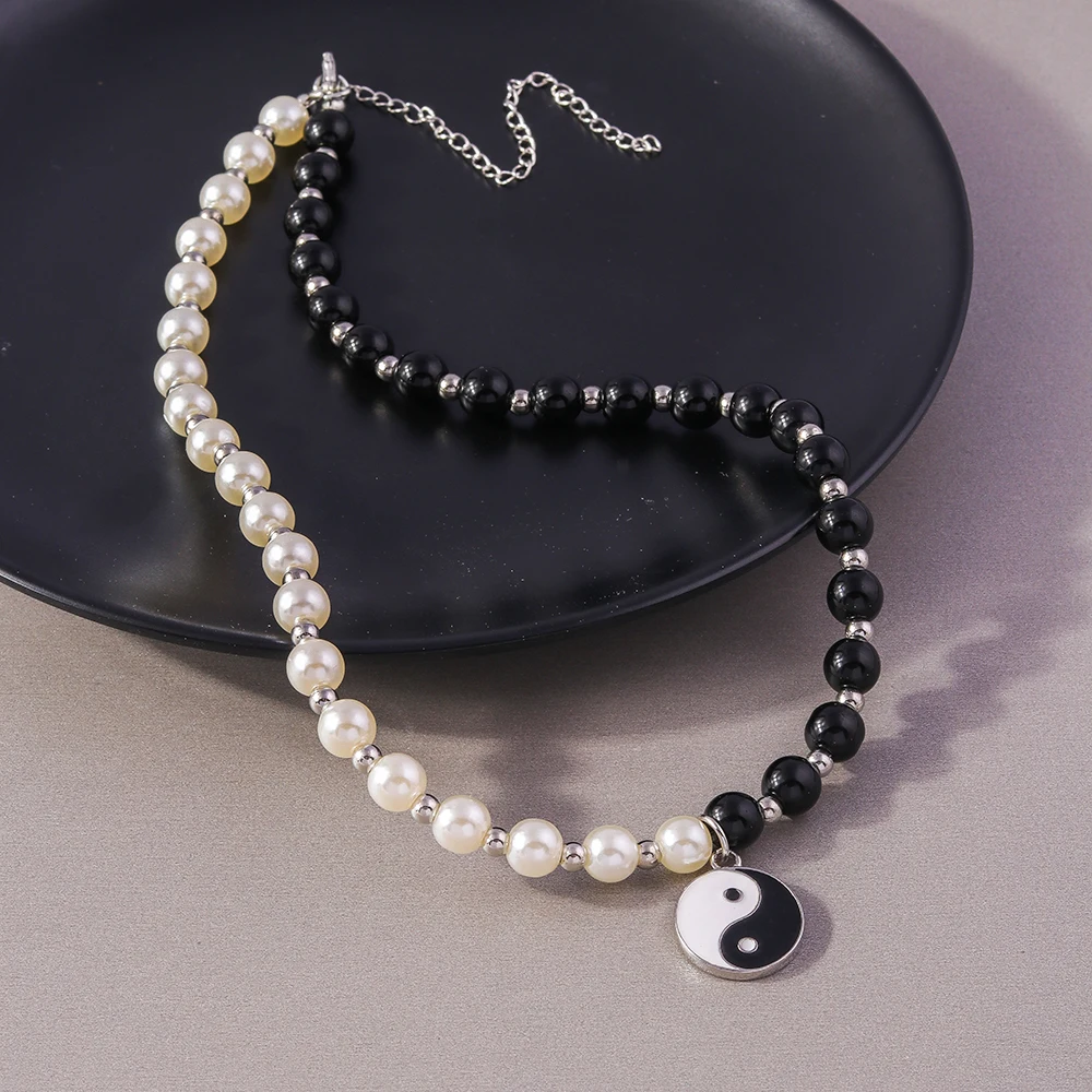 Aihua Punk Black White Pearl Beads Yin Yang Tai Chi Necklace for Women Fashion Street Club Party Necklace Jewelry