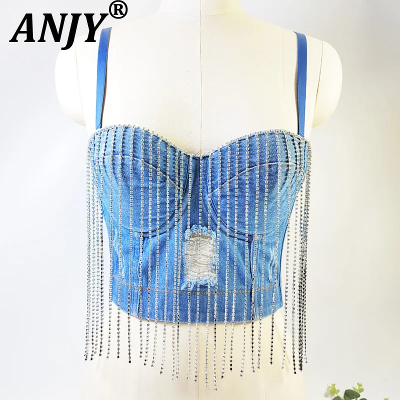 

ANJY, новые летние женские нишевые модные джинсовые майки с дырками, стильные сексуальные облегающие топы на бретелях с бриллиантами и цепочкой с кисточками, модные топы на бретелях A10577