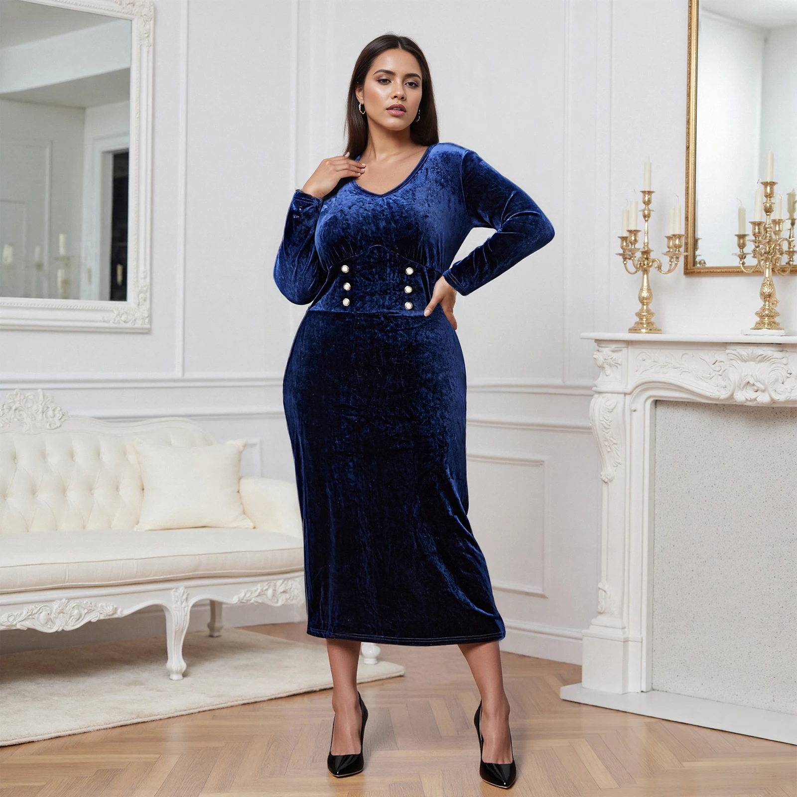 Women s Plus Size Velvet Dress  Elegant V Neck Long Sleeve Long Dress with Decorative Buttons for Daily Party Travel