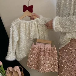 Childrens clothes Spring 2024 Korean Childrens Clothing Autumn New Sweet Sequin Top for Girls Versatile Midi Pink Skirt