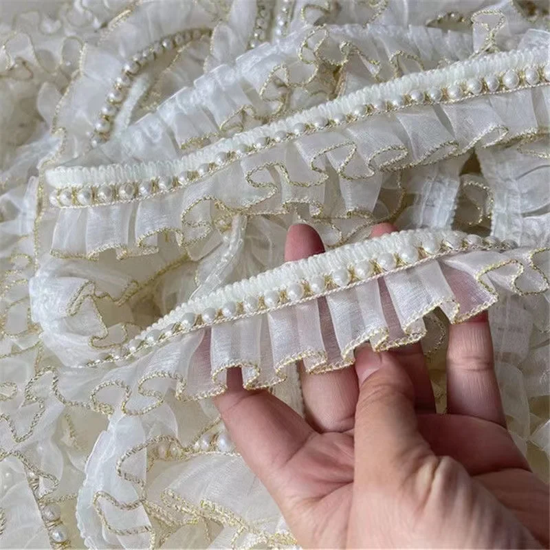 4CM Wide Luxury Pleated Chiffon Glitter Beaded Fringed Ruffle Lace Fabric Collar Trim Wedding Dress Guipure DIY Sewing Decor