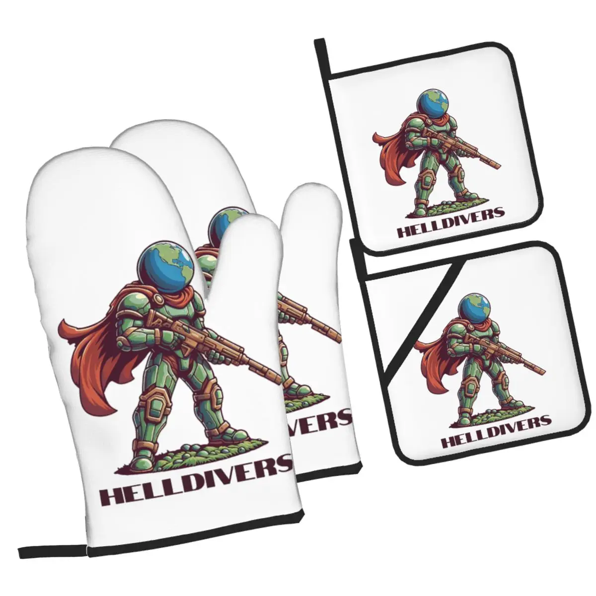 Helldivers Defending Super Earth Oven Mitts and Pot Holder Sets of 4 for Baking Kitchen Cooking BBQ Resistant Non-Slip Gloves