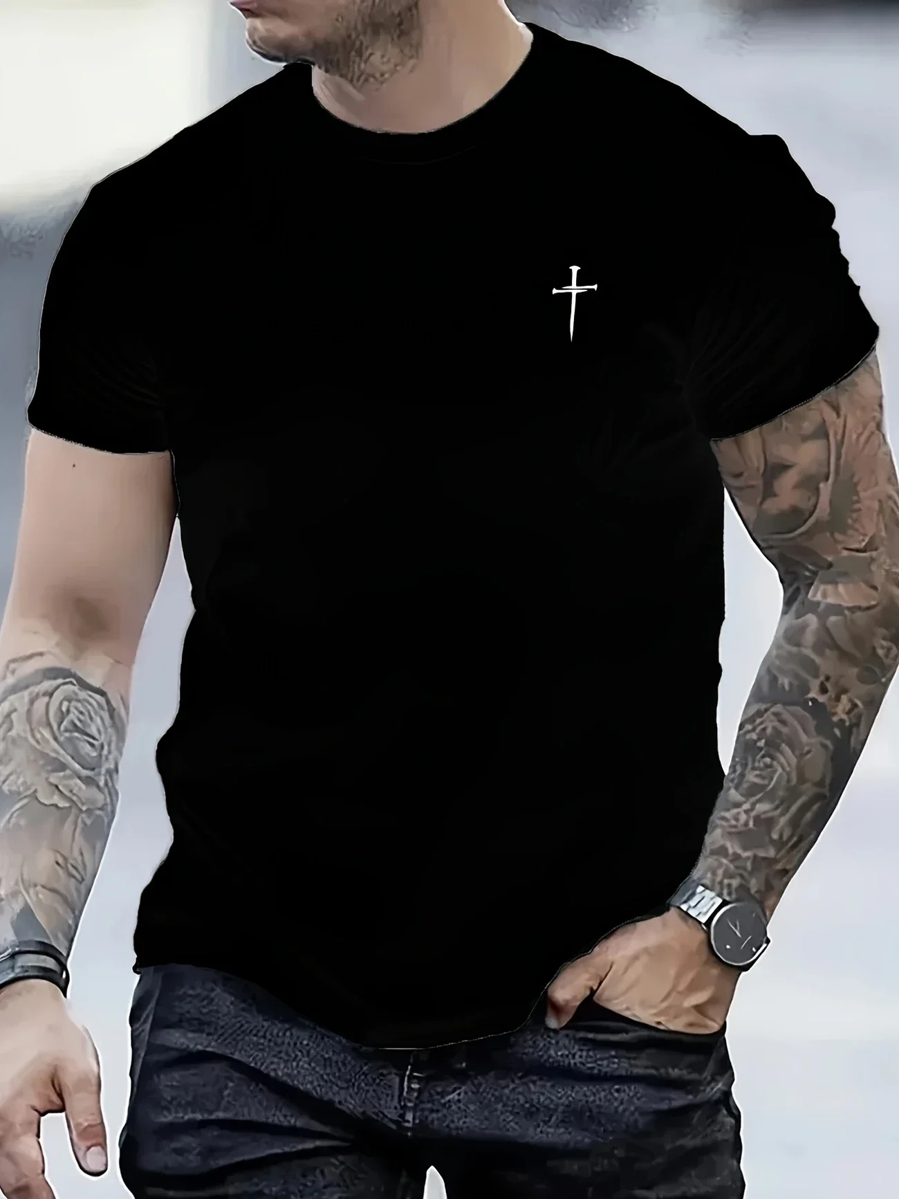 2026New Men's Casual Round Neck T-shirt with Cross Design Summer Top Daily T-shirt | Minimalist Style T-shirt Comfortable Fit