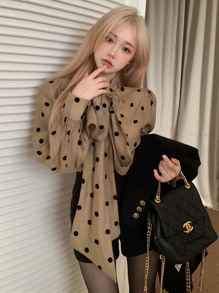Vintage Hong Kong Style Polka Dot Shirt Women's Long Sleeve Warmth Polyester Fiber High Waist Straight Cut Suit Jacket