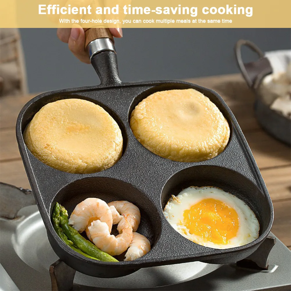 4-Hole Breakfast Burger Egg Pancake Maker Wooden Handle Non Stick Omelet Pan Egg Burger Ham Pan for Gas Stove Induction Cooker