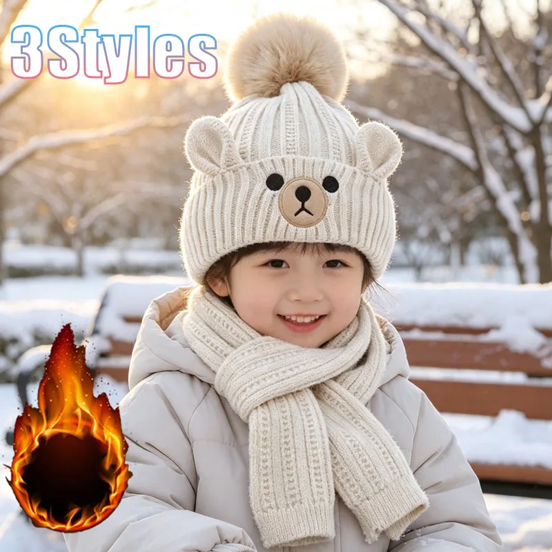 1-5PCS Knitted Fleece Lined Thick Warm Soft Cozy Korean Style Beanie Scarf Set for Boys Girls Winter Outdoor School Cold Weather