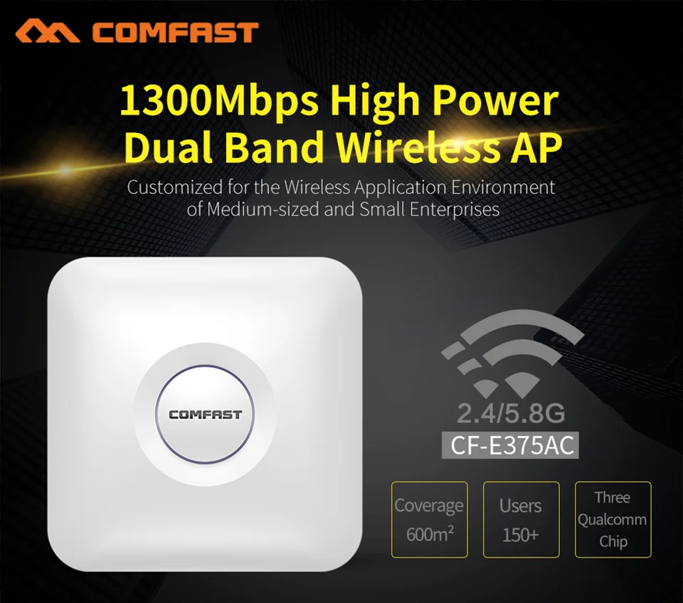 COMFAST 1300Mbps Wifi Router 5.8G 867Mbps + 2.4G 450Mbps Gigabit RJ45 Port Ceiling AP For 600 Square Meters 150+ Users CF-E375AC