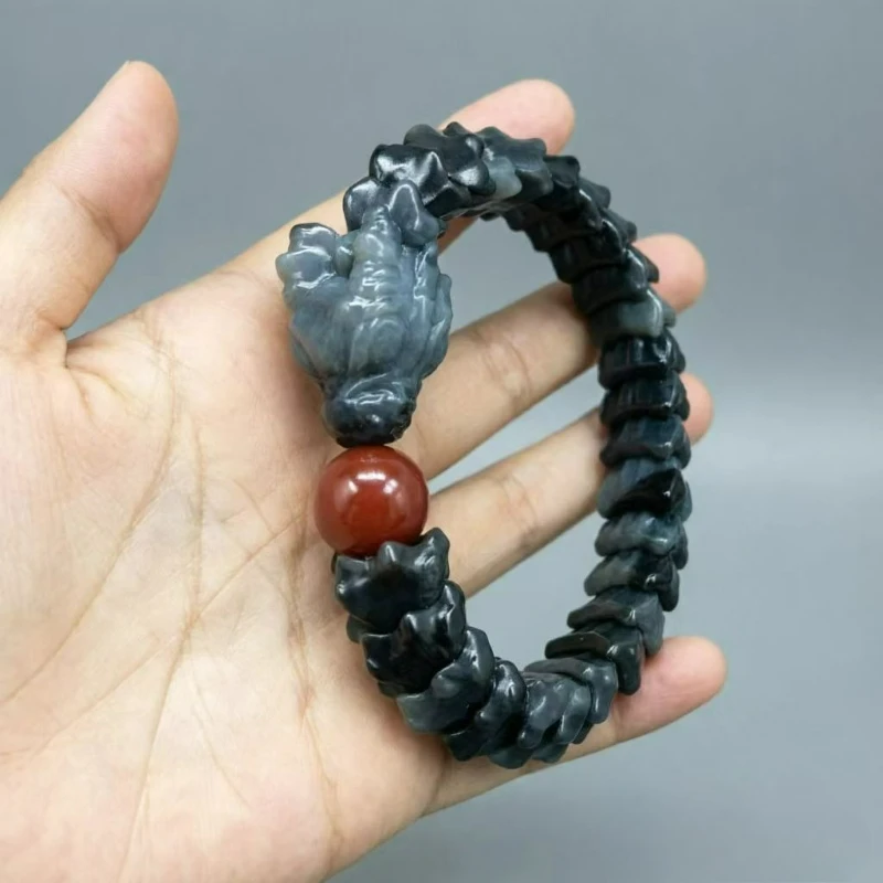 Natural Hotan  Jade Hand-crafted Exquisitely Carved Dragon Bone Bracelet Domineering Fashion Men Women Coiled Dragon Amulet Gift