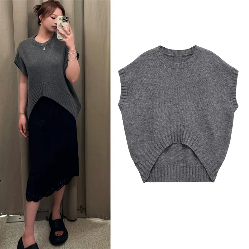

Women's Top 2025 Autumn New Style Gray Sleeveless Round Neck Simple Knit Vest Top Casual Fashion Versatile