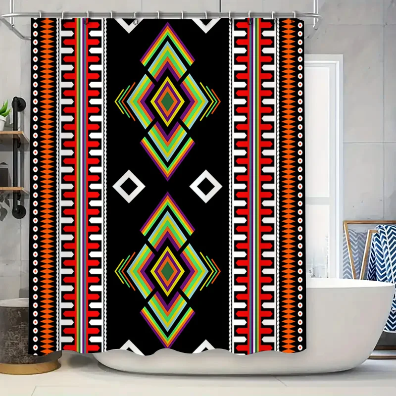 

Vibrant Bath Curtains with Geometric Patterns Modern Artistic Decor for Bathroom Black, White, Red, Orange, Green, Yellow Colorf