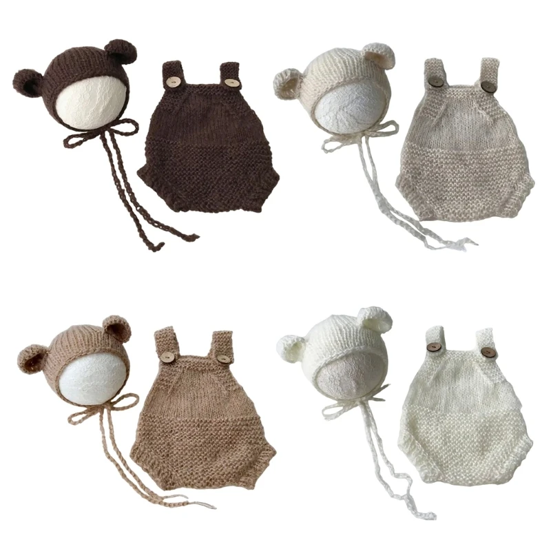 

Knitted Bear Costume Hat Romper Set Newborn Photoshooting Props Baby Photo Posing Props Infant Photography Outfit 2PCS