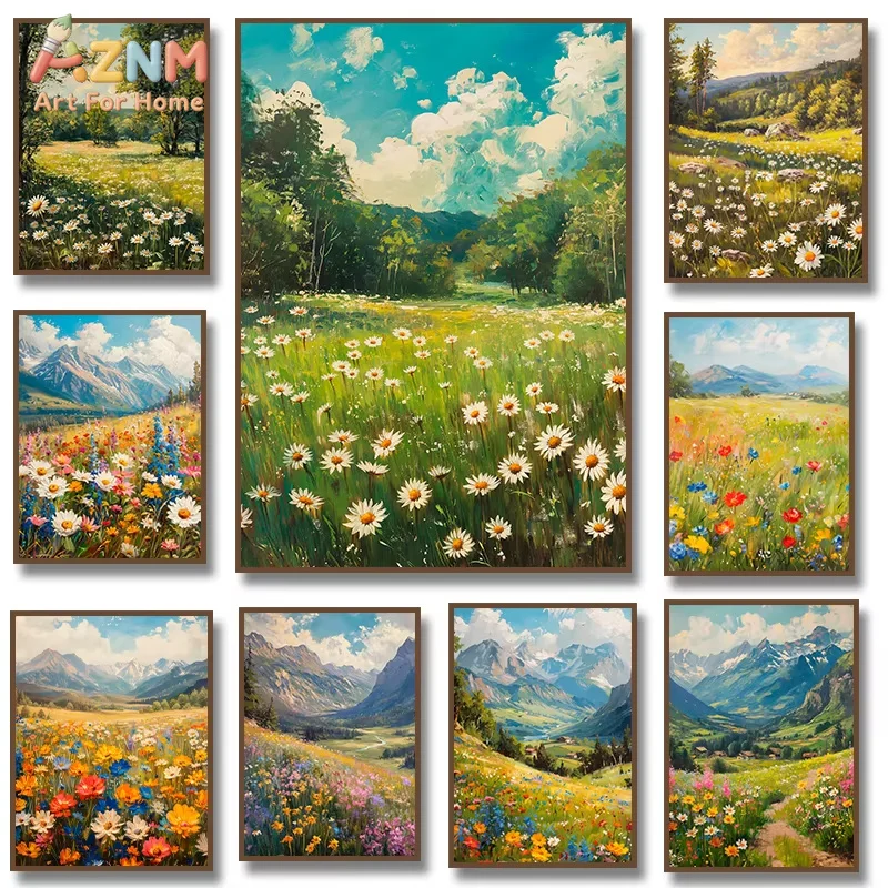 1PC Wildflower Field Natural Daisy Floral Colorful Summer Poste Vibrant Mountain Scenery Canvas Painting for Living Room Decor