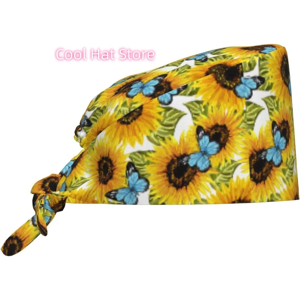 

Sunflower Butterfly Working Cap for Women, Scrub Cap with Sweatband Adjustable, Unisex Tie Back Hat, Nurse Caps