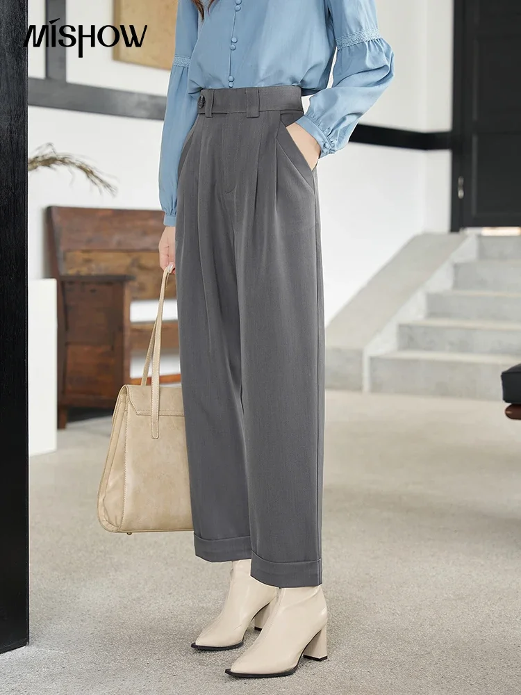 MISHOW Loose Fit Straight Suit Pants for Women 2024 Autumn Button Solid Flat Casual Ankle-Length Pants Office Lady MXC42K0439